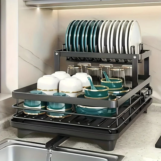 Double-Tier Dish Rack Countertop Organizer with Pot, Cup & Bowl Storage