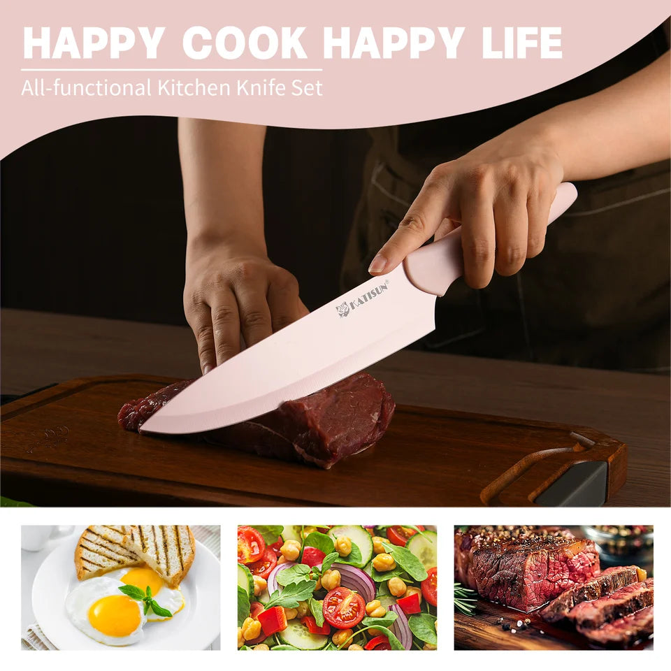 14-Piece Pink Kitchen Knife Set Titanium-Coated Blades with Block & Shears