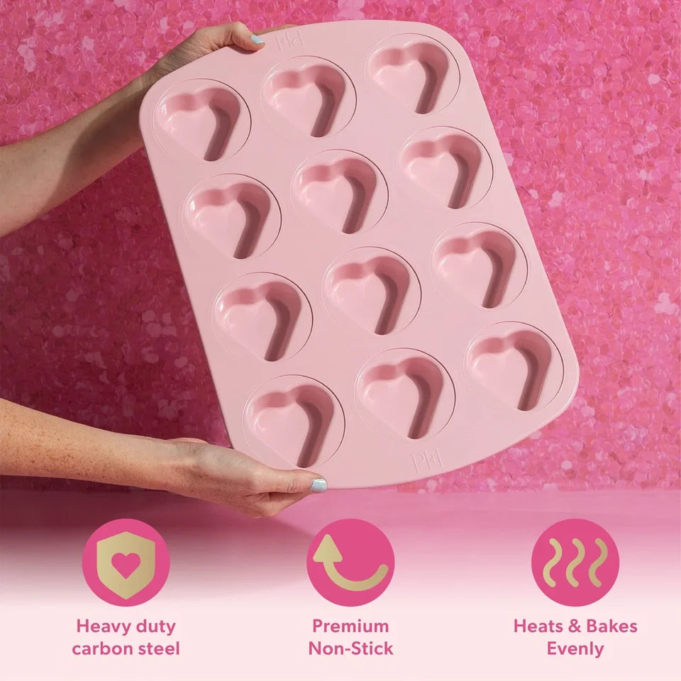 Heart-Shaped 12-Cup Mini Cake Pan Nonstick Carbon Steel Dishwasher Safe