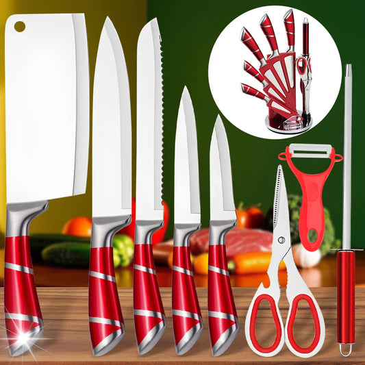 MDHAND 9-Piece Pink & Black Knife Set with Acrylic Block, Sharpener & Scissors