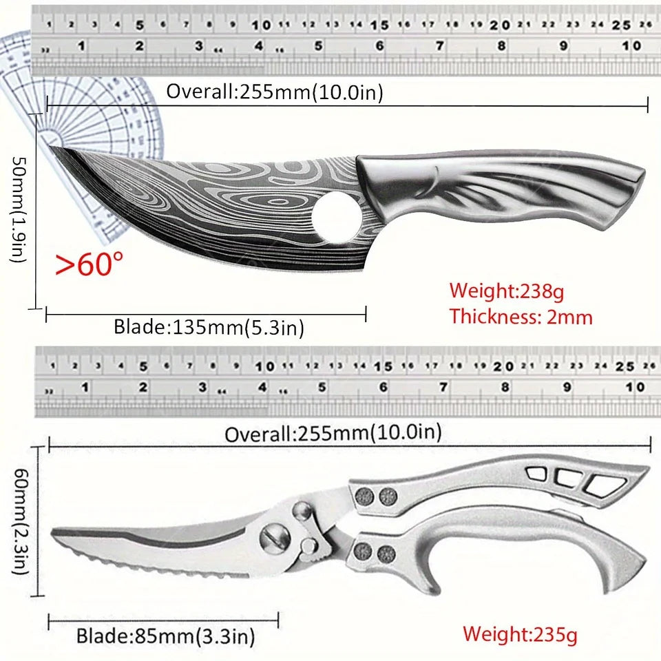 2-Piece Handmade Damascus Chef Knife & Cleaver Set with Kitchen Scissors