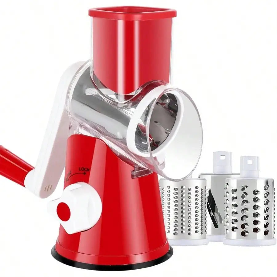 Manual Rotary Cheese Grater with 3 Drums—Vegetable Slicer & Nut Grinder