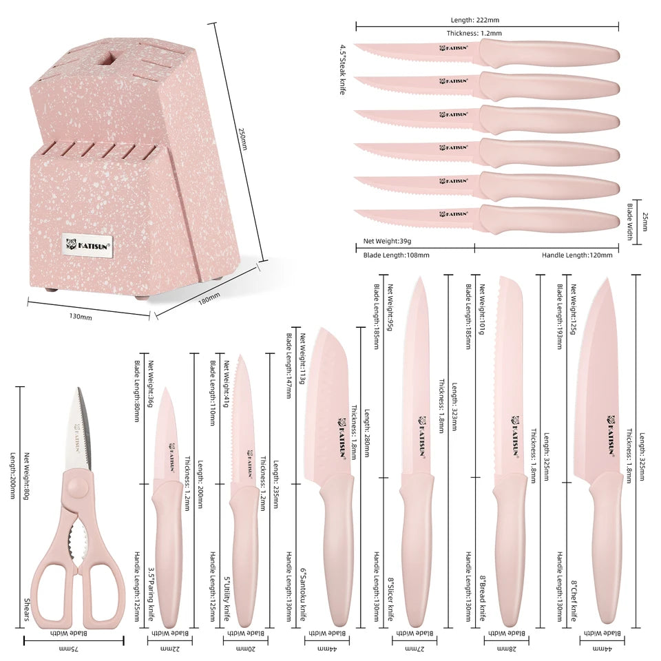 14-Piece Pink Kitchen Knife Set Titanium-Coated Blades with Block & Shears