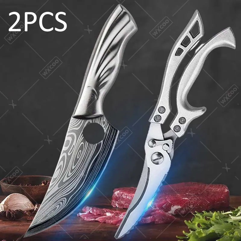 2-Piece Handmade Damascus Chef Knife & Cleaver Set with Kitchen Scissors