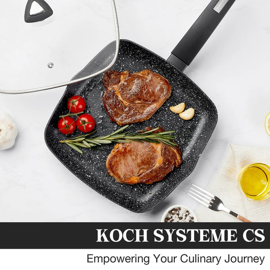 KOCH SYSTEME CS 10" Nonstick Grill Pan with Lid Square Skillet for Stovetops