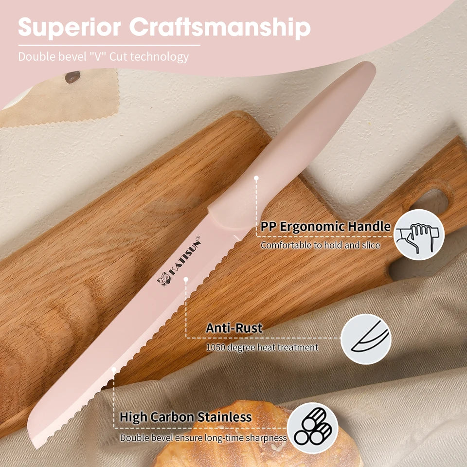 14-Piece Pink Kitchen Knife Set Titanium-Coated Blades with Block & Shears