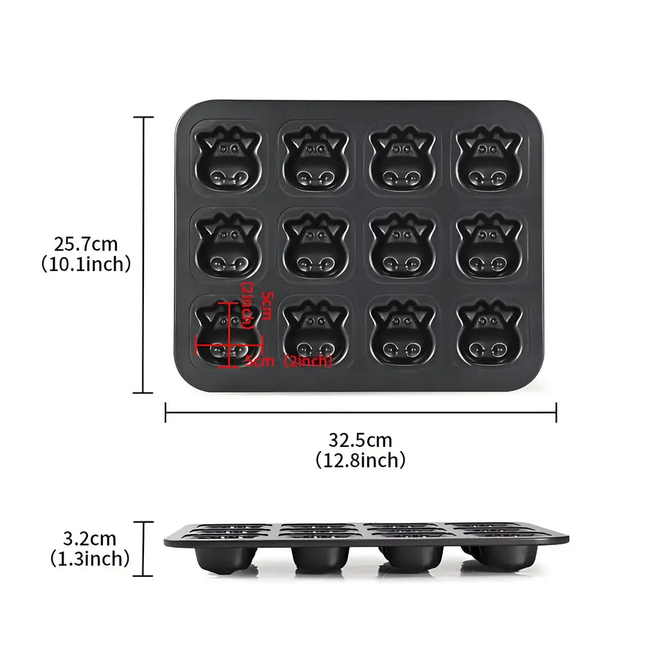 12-Cavity Cow Muffin Pan Heavy-Duty Nonstick Carbon Steel Bakeware