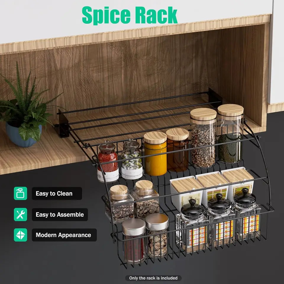 3-Tier Pull-Down Cabinet Spice Rack Retractable Metal Kitchen Organizer