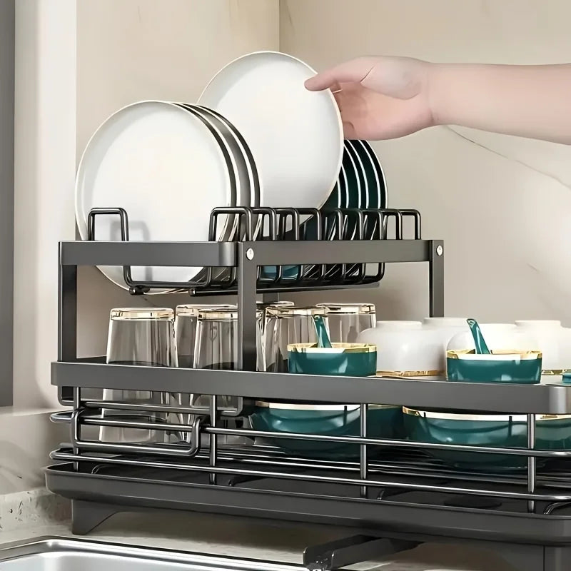Double-Tier Dish Rack Countertop Organizer with Pot, Cup & Bowl Storage