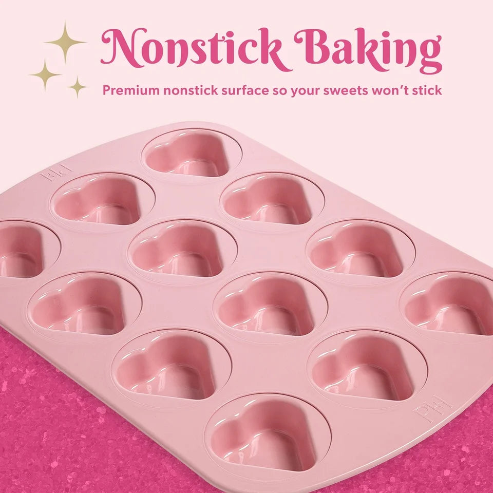 Heart-Shaped 12-Cup Mini Cake Pan Nonstick Carbon Steel Dishwasher Safe