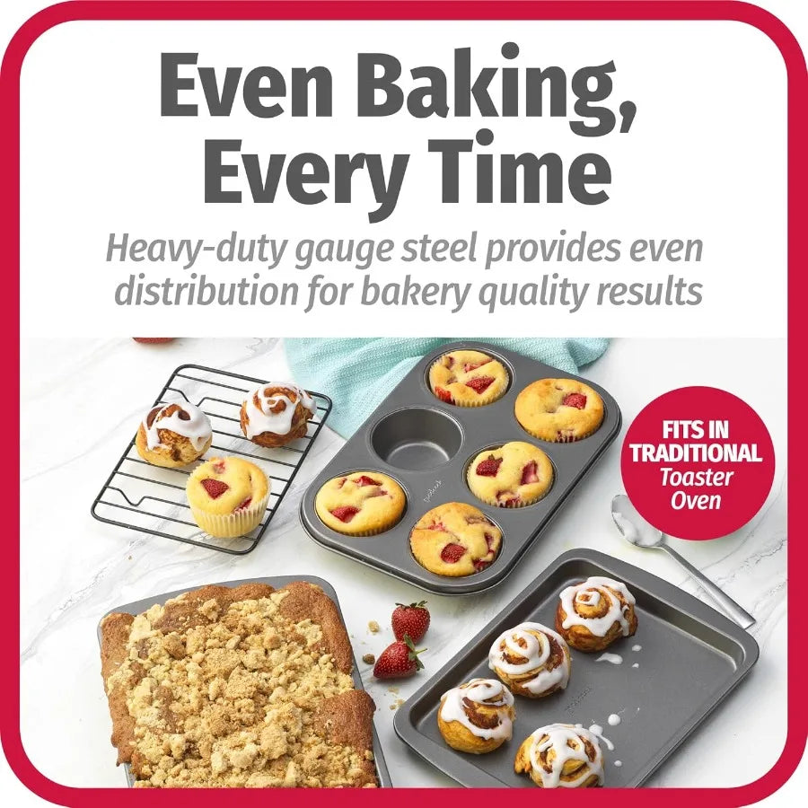 4-Piece Nonstick Toaster Oven Bakeware Set—Sheet Pan, Rack, Cake & Muffin Pan