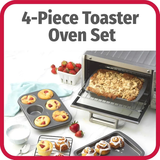 4-Piece Nonstick Toaster Oven Bakeware Set—Sheet Pan, Rack, Cake & Muffin Pan