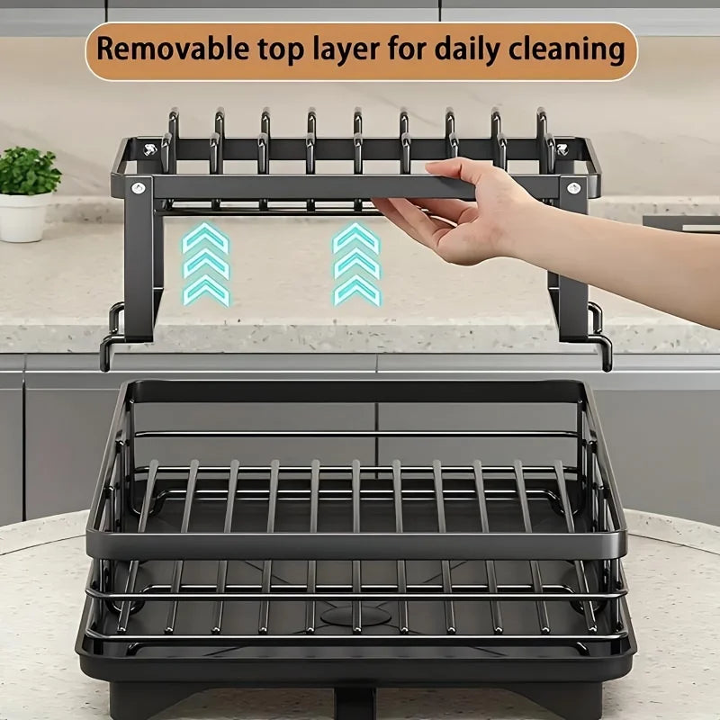 Double-Tier Dish Rack Countertop Organizer with Pot, Cup & Bowl Storage