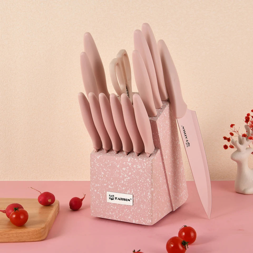 14-Piece Pink Kitchen Knife Set Titanium-Coated Blades with Block & Shears