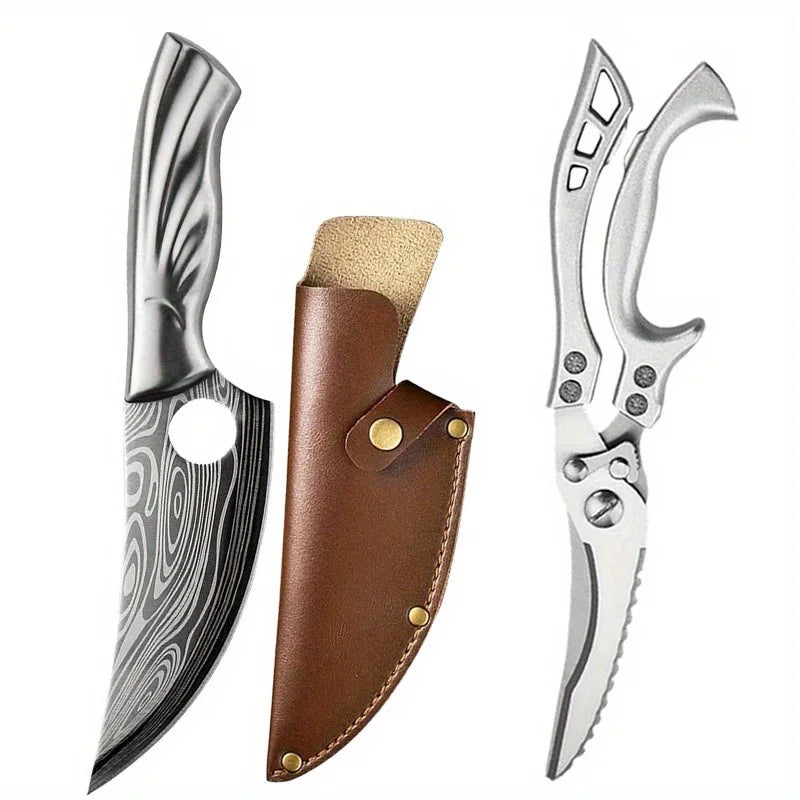 2-Piece Handmade Damascus Chef Knife & Cleaver Set with Kitchen Scissors