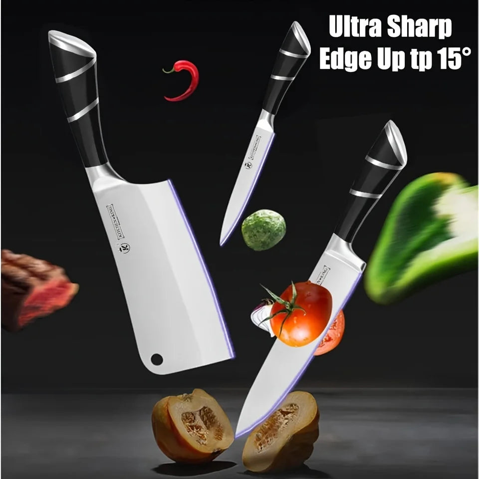 MDHAND 9-Piece Pink & Black Knife Set with Acrylic Block, Sharpener & Scissors