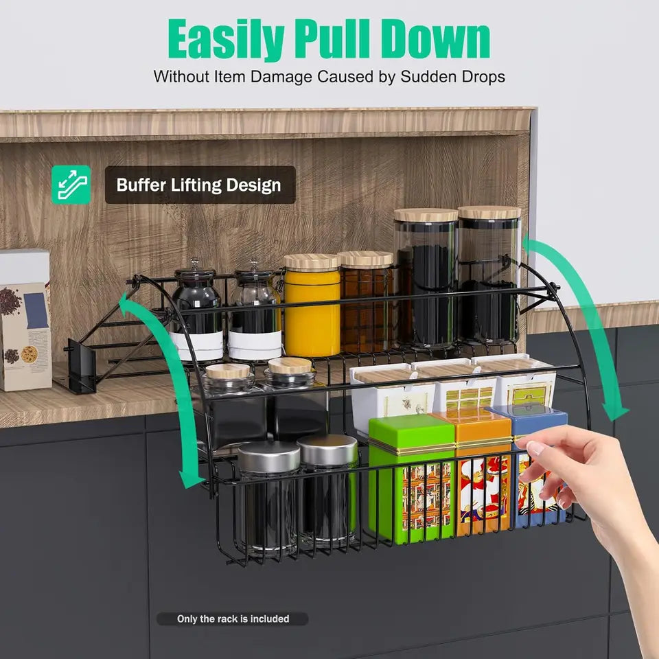 3-Tier Pull-Down Cabinet Spice Rack Retractable Metal Kitchen Organizer