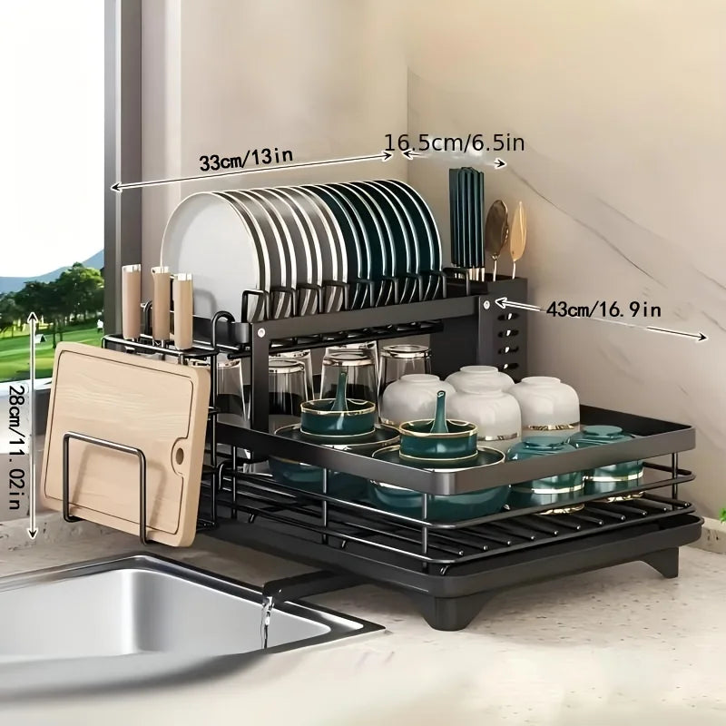 Double-Tier Dish Rack Countertop Organizer with Pot, Cup & Bowl Storage