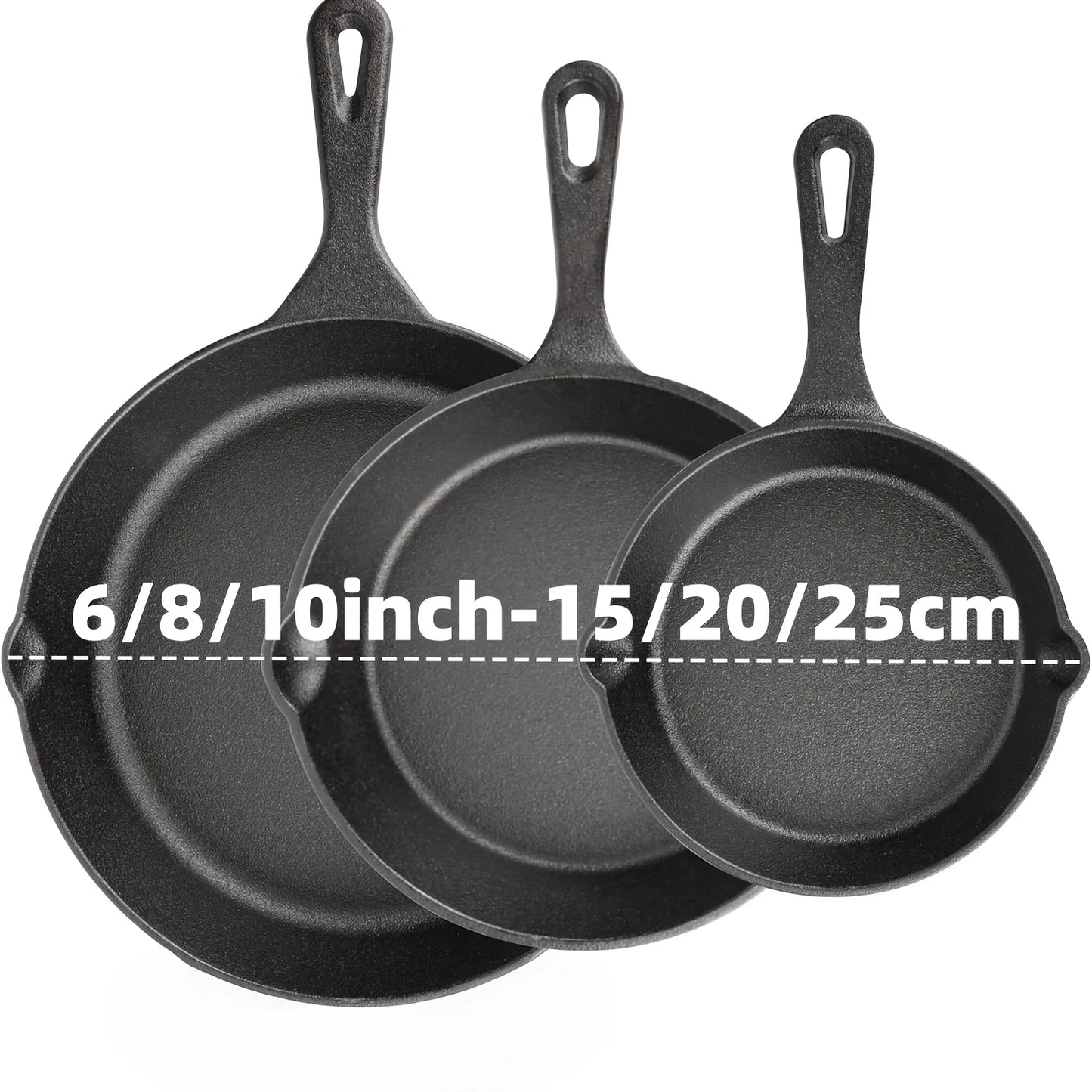 3-Piece Cast Iron Skillet Set 6/8/10" Pre-Seasoned Heavy-Duty Cooking Pans