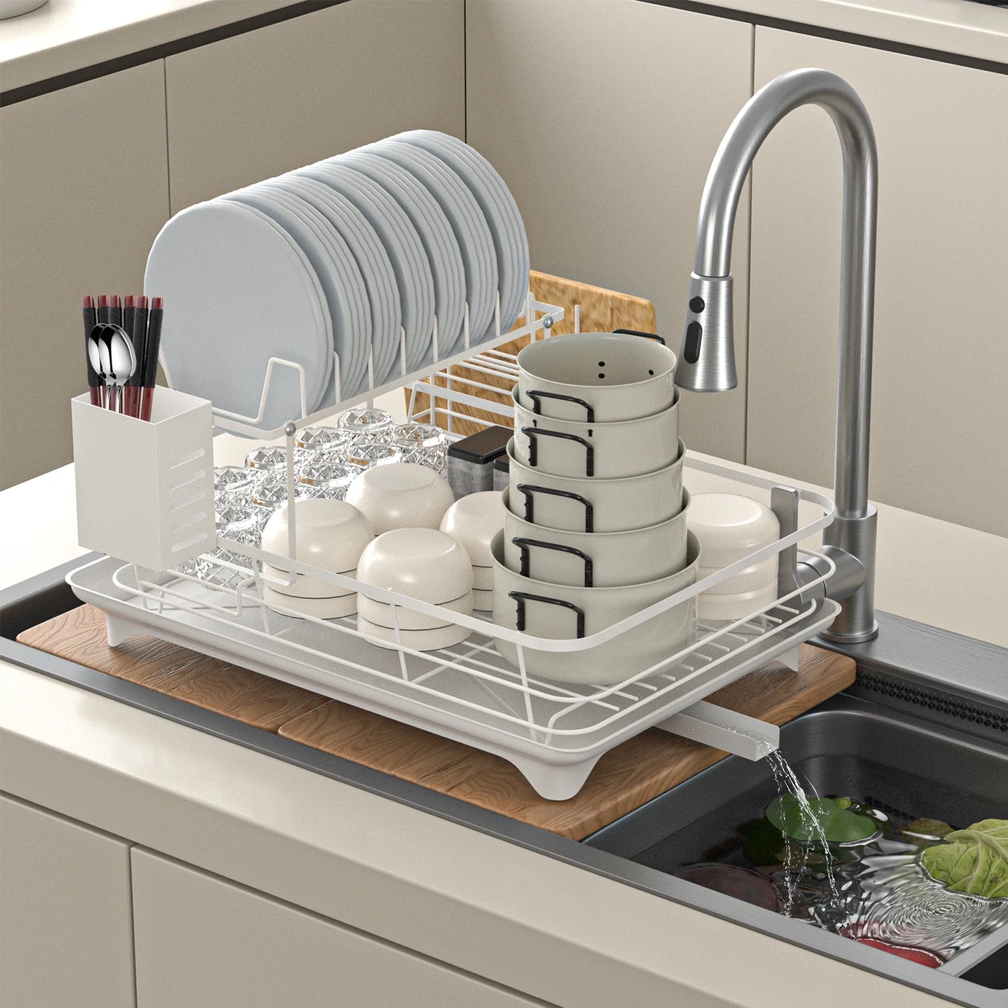 Double-Tier Dish Rack Countertop Organizer with Pot, Cup & Bowl Storage