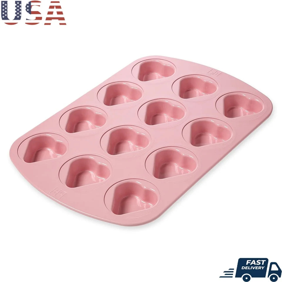 Heart-Shaped 12-Cup Mini Cake Pan Nonstick Carbon Steel Dishwasher Safe