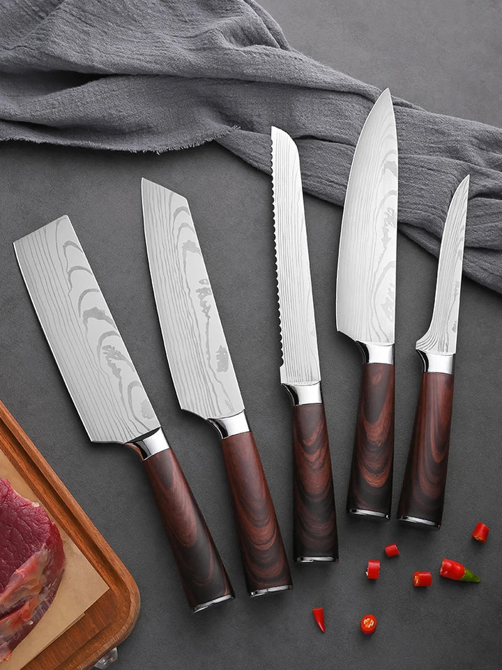 Large Mahogany Kitchen Knife Set 1-5pcs – Sharp Stainless Steel Chef Knives for Meat & Vegetables