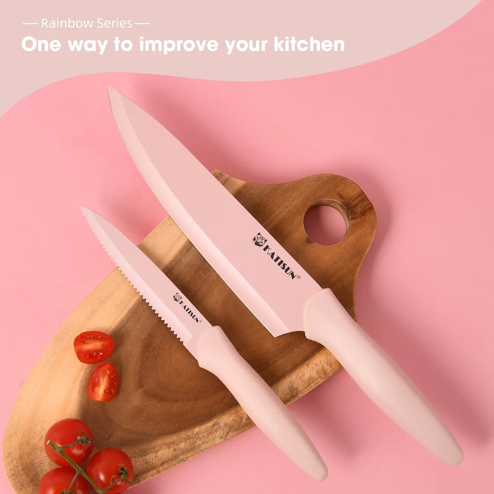 14-Piece Pink Kitchen Knife Set Titanium-Coated Blades with Block & Shears