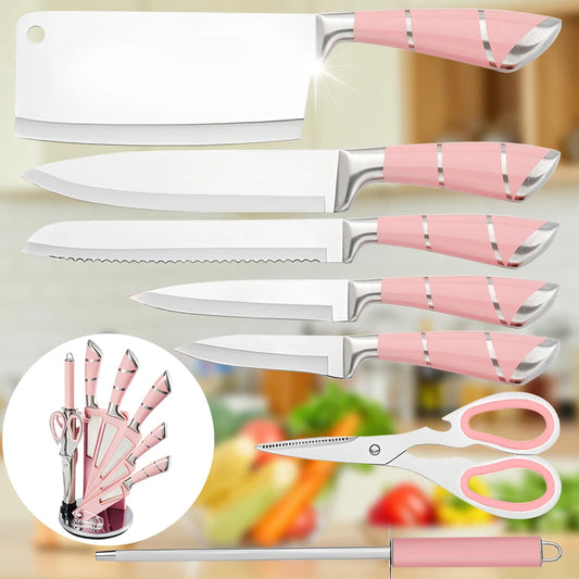 MDHAND 9-Piece Pink & Black Knife Set with Acrylic Block, Sharpener & Scissors