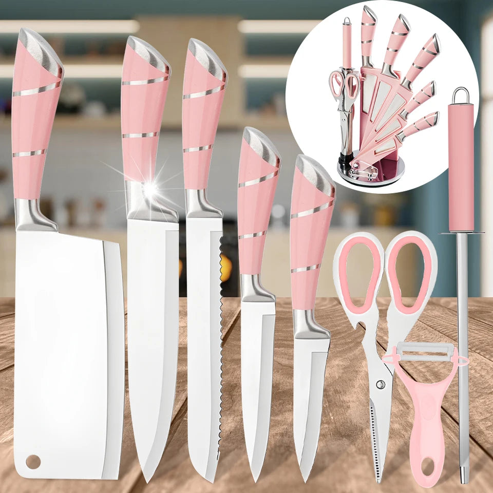 MDHAND 9-Piece Pink & Black Knife Set with Acrylic Block, Sharpener & Scissors