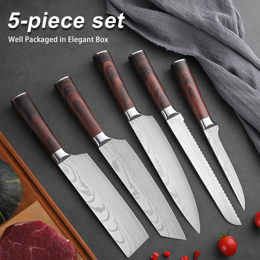 Large Mahogany Kitchen Knife Set 1-5pcs – Sharp Stainless Steel Chef Knives for Meat & Vegetables