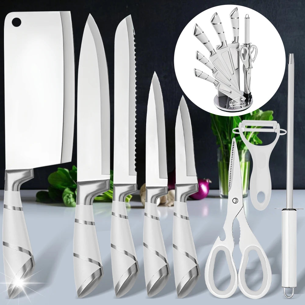 MDHAND 9-Piece Pink & Black Knife Set with Acrylic Block, Sharpener & Scissors