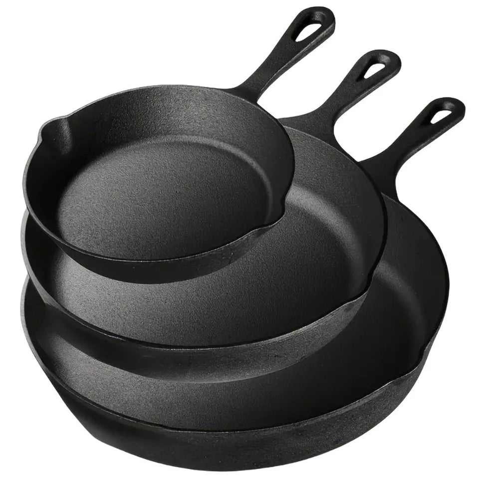 3-Piece Cast Iron Skillet Set 6/8/10" Pre-Seasoned Heavy-Duty Cooking Pans