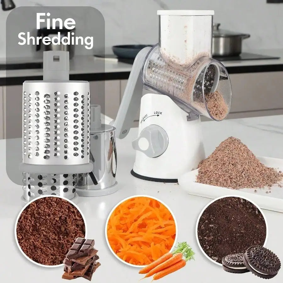 Manual Rotary Cheese Grater with 3 Drums—Vegetable Slicer & Nut Grinder