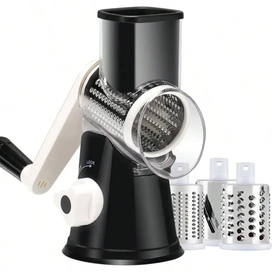 Manual Rotary Cheese Grater with 3 Drums—Vegetable Slicer & Nut Grinder