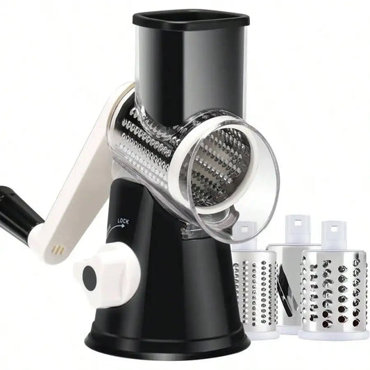 Manual Rotary Cheese Grater with 3 Drums—Vegetable Slicer & Nut Grinder